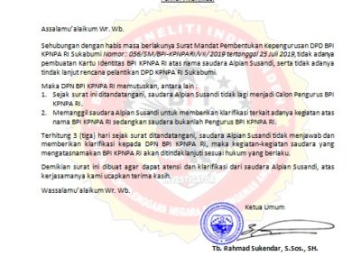 Surat panggilan Kepada saudara Alpian Susandi untuk memberikan klarifikasi terkait adanya kegiatan atas nama BPI KPNPA RI Sukabumi sedangkan saudara bukanlah Pengurus BPI KPNPA RI.