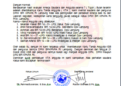 PEMBERITAHAUN PEMBEKUAN KARTU TANDA ANGGOTA ( KTA ) KSB DAN PENGURUS DPW BPI KPNPA RI LAMPUNG